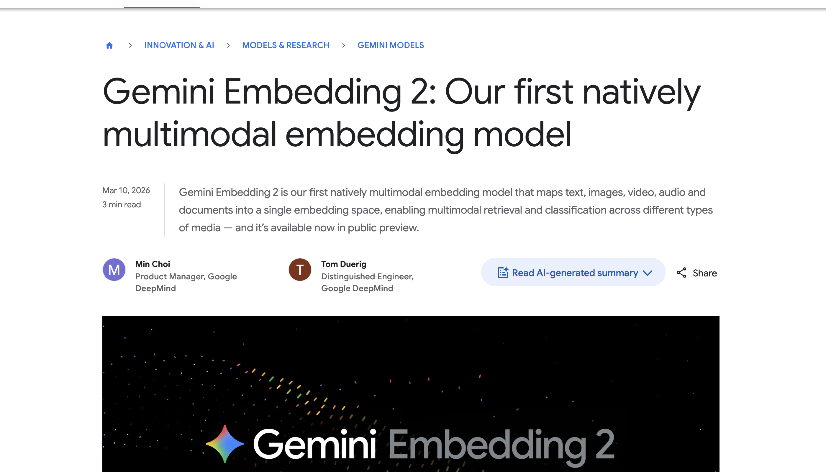 Gemini Embedding 2 — Google AI docs page