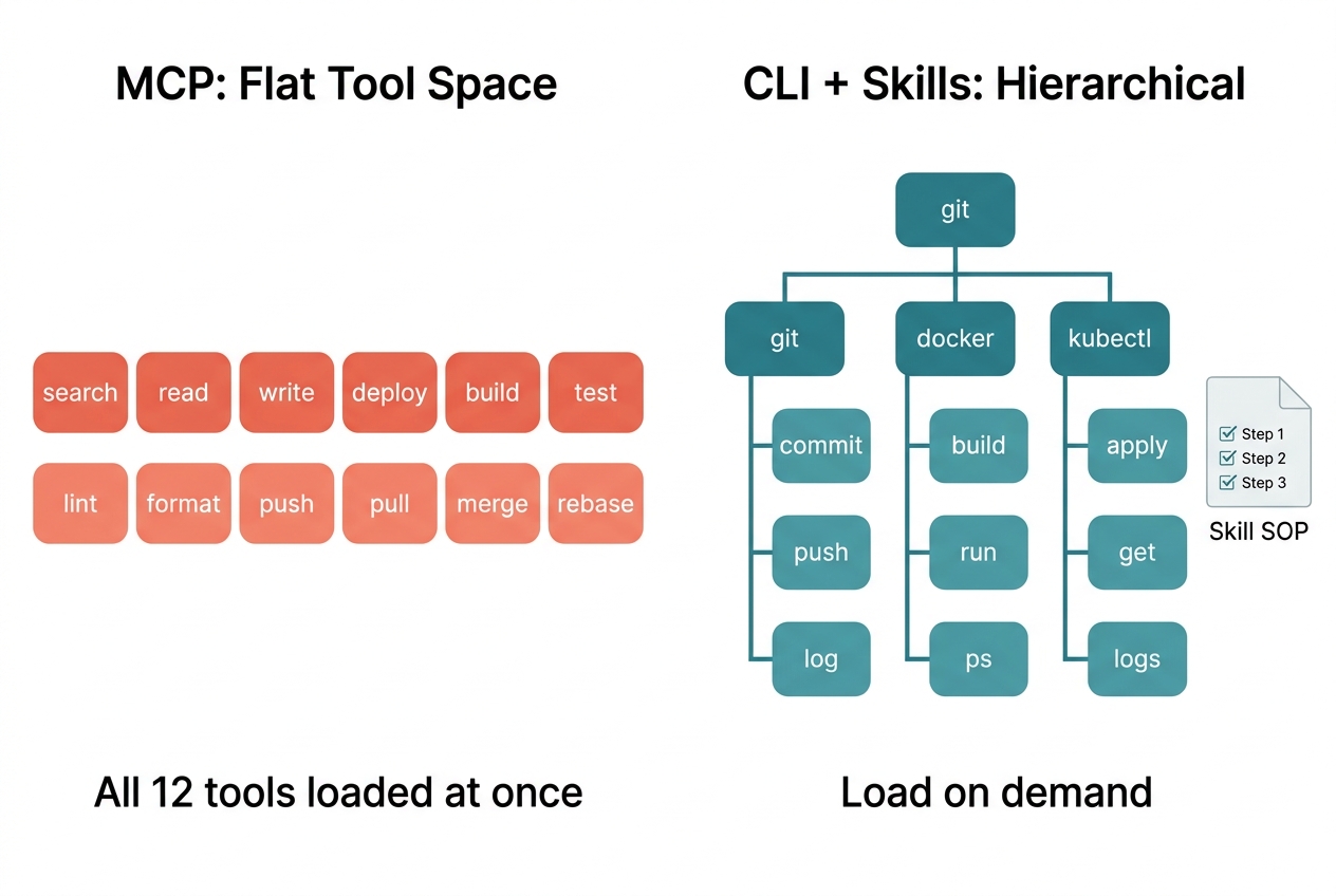 MCP flat tool space vs CLI + Skills hierarchical structure