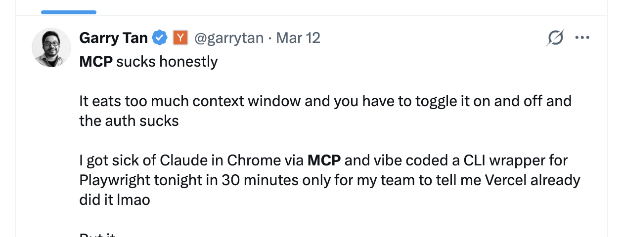 Garry Tan publicly criticizing MCP on X