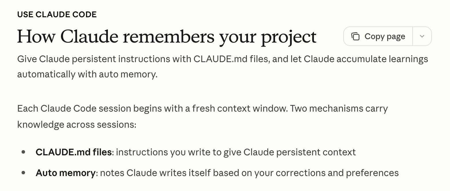 A memory page in a coding assistant